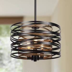 lot 1624 image: 12.6 Farmhouse Chandeliers for Dining Room, 3-Light Industrial Metal Hanging Light Fixture, Rustic Drum Pendant Light for Entryway Kitchen Foyer Bedroom, Black with Retro Wood Texture Interior