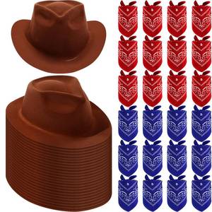 lot 1626 image: 48 Pack Cowboy Hat and Bandana Set - Felt Party Hats with Western Bandanas for Boys and Girls (Brown, Red, Navy Blue)
