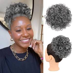 lot 2008 image: Oseti Curly Grey Hair Buns Messy Bun Hair Piece Clip in Synthetic Hair Pieces for Women Salt and Pepper Bun Hair Extensions Large Curly Drawstring Ponytail Clip on Bun Ponytails for Women (T1BGREY#)