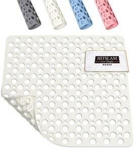 lot 2060 image: HITSLAM Shower Mat Anti Slip, 21x21 Inch No Odor Soft TPE Bathroom Shower Stall Floor Mat, Square Bath Mat for Tub Non Slip with Suction Cups and Drain Holes, Machine Washable, Soft on Feet, White
