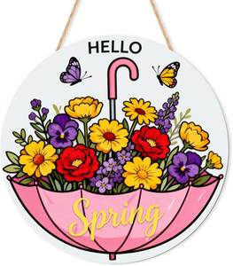 lot 2073 image: Hello Spring Decorations for Home,Pink Umbrella Flower Welcome Sign for Front Door,Wooden Door Decor Wreath Hangers for Office Farmhouse Outside Party Porch Wall Decoration