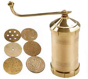 lot 2463 image: Sahishnu Online & Marketing Brass Sev Sancha Maker, Murkul Maker, Manual Pasta Maker,Shev Maker, Gathiya Murukulu Janthikulu Maker Machine with 6 Different Jali - Brass