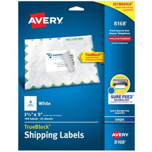 lot 2469 image: Avery Printable Shipping Labels with Sure Feed, 3.5 x 5, White, 100 Blank Mailing Labels (8168)