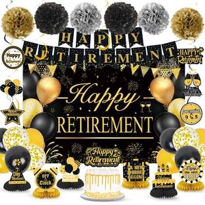lot 2471 image: Retirement Party Decorations for Men Women Black Gold Happy Retirement Banner Backdrop Balloons Paper Pompoms Honeycomb Centerpiece Cake Topper Hanging Swirl Set