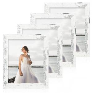 lot 3810 image: iRahmen 8x10 Picture Frame Set of 4, High Definition Glass Distressed White Frame, 8 x 10 Wood Photo Frames for Tabletop Display and Wall Mounting