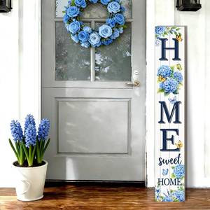 lot 3819 image: Blue Hydrangea Flower Porch Sign, Flowers Signs for Front Porch, Butterfly Wooden Signs Yard, Vertical Wood Sign Standing for Patio Front Door Porches, Spring Summer Holiday Home Party Entryway Yard Wall Decor Indoor Outdoor, 47x8 inch
