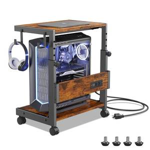 lot 3830 image: Hovadova Computer Tower Stand with Charge Station and USB Charging Port - Height Adjustable PC Tower Stand, Under Desk CPU Holder Cart with Locking Caster Wheels for Fits Most PC