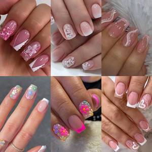 lot 4391 image: 6 Packs (144 Pcs) Press on Nails Square - Short, Medium Nails Press ons - French Tip Fake Nails with Flower Design - for Women 12 Sizes-6 Styles
