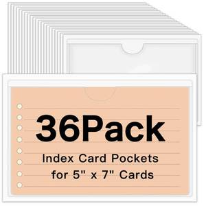 lot 4439 image: 36 Pack Adhesive 5 x 7 Index Card Pockets with Top Open for Loading, Clear Plastic Labels Holders for Storage Bins Organizing Library Card Totes Shelves