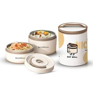 lot 4443 image: BentoBloom Bento Box Adult �� Round Stackable Lunch Box for Women (450ml & 600ml) with Insulated Carry Bag  304 Stainless Steel Removable Inserts  Microwave & Dishwasher Safe, White
