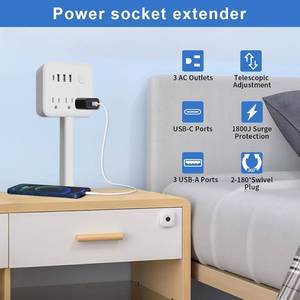 lot 4446 image: Electrical Outlet Extender Stick, 18-28 Extendable Power Strip with 180° Rotating Plug, 2 USB-A, 1 USB-C, 3 AC Outlets, Wall Plug Extender for Behind Couch, Sofa, Nightstand