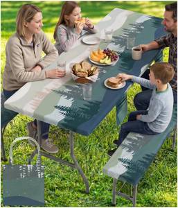 lot 4501 image: Picnic Table Cover with Bench Covers Waterproof Elastic Rectangle Tablecloth Camping Essentials Supplies Rv Car Travel Must Haves Gear Accessories Fitted Table Cloth Outdoor Road Trip Camper Gifts 6ft