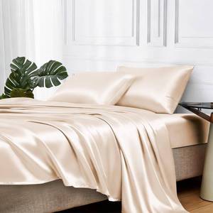 lot 4505 image: MR&HM Satin Bed Sheets, California King Size Sheets Set, 4 Pcs Silky Bedding Set with 15 Inches Deep Pocket for Mattress (California King, Beige)