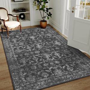 lot 5111 image: Washable Area Rug 4x6 Black Rugs for Living Room, Vintage Boho Large Rug for Bedroom Dining Room Office, Distressed Floral Print Carpet for Under Table, Soft Non Slip Low Pile Throw Carpet Indoor Mat