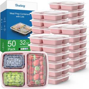 lot 5127 image: A50 Pack (100-Piece) 32 oz Meal Prep Containers Reusable with Lids 3-Compartment, To Go Take Out Plastic Food Storage Containers, Sturdy Leakproof Food Safe, Microwave Freezer Dishwasher Safe, Pink