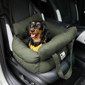 lot 5132 image: Funny Fuzzy Dog Car Booster Seat for Small Medium Dogs Up to 25lbs, Waterproof Fabric with Non-Slip Base & Safety Leash, Fully Detachable & Machine Washable (Army Green)