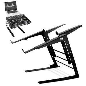 lot 5145 image: Pyle Portable Dual Laptop Stand - Standing Table with Adjustable Height, Ergonomic Design & Anti-Slip Prongs for DJ Mixer, Sound Equipment, Workstation, Gaming & Home Use - PLPTS38, Black