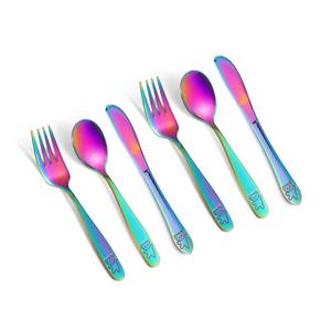 lot 6309 image: Pimoys 6 Pieces Rainbow Kids Silverware Stainless Steel Child and Toddler Utensils, Childrens Safe Flatware Metal Cutlery Set Includes 2 Children Knives, 2 Forks & 2 Spoons