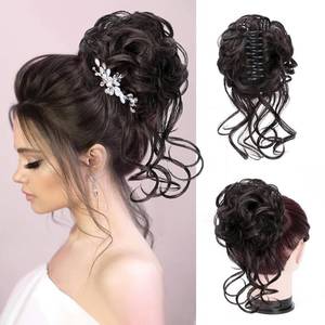 lot 6314 image: Foaoit Messy Bun Hair Piece Wavy Curly bun hair piece for women Synthetic Chignon Clip in Ponytail Hair Extensions Tousled Updo Hairpieces for wedding��Darkest Brown Tend to Natural Black��