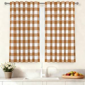 lot 6323 image: Renaiss 26 x 36 Inch Buffalo Check Tier Curtains for Kitchen Thick Linen Buffalo Plaid Gingham Rod Pocket Cafe Bathroom Small Curtains Short Kitchen Window Drapes Dark Orange White 2 Panels