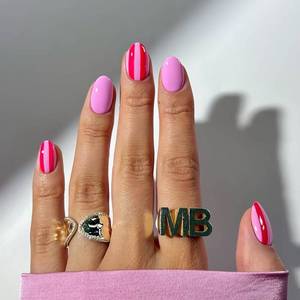 lot 6326 image: Pink Glossy Press On Nails Short Almond Fake Nails Red Line Glue On Nails Press Ons Glossy Pink False Nails Full Cover Reusable Artificial Stick On Nail For Women Nail Supplies