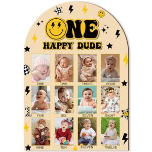 lot 6327 image: R HORSE My First Year Photo Frame Board - Fits 2 x 3 Inch Photo, 3D One Happy Dude Birthday Decoration Display Wood Board, Baby Boy First Year Picture Frame 12 Months Milestone 1st Birthday Nursery Decor Gift