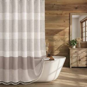lot 6329 image: XOGUIBO Taupe Shower Curtain Farmhouse Linen Striped Shower Curtains for Bathroom with Tassel 72 X 72