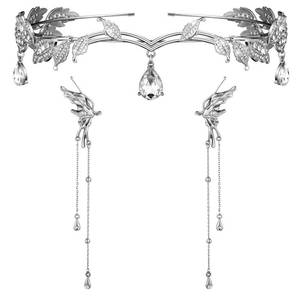 lot 6335 image: Glenmal 3 Pcs Elf Ear Cuffs and Crown Halloween Rhinestone Leaf Headband Fairy Ear Cuffs Princess Cosplay Costume for Women (Silver,Medium)