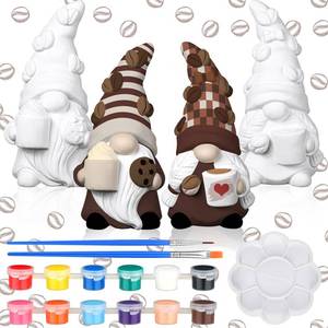 lot 6355 image: Hollowfly 2 Set Ready to Paint Your Own Gnome Statue Sweet Coffee Lover Gift 4 Mini Paintable Ceramics Blank Gnome Figurine Brush Palette Paint for Craft DIY Home Decor Adult Mothers Day