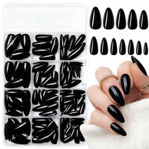 lot 6374 image: LoveOurHome 240pc Almond Press on Nails Medium Black Fake Nail Tips Full Cover Glue Almond Acrylic Nails Press ons Nail Short Stiletto False Artificial Fingernail & Glue Adhesive Tabs for Women Girls