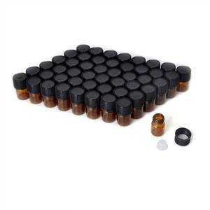 lot 6376 image: Enslz Mini Essential Oil Bottles Empty Sample bottle 1ml(14 dram) 2ml (58 dram) Amber Glass Bottle with Orifice Reducer and cap, With 2 Free Transfer Eye droppers(50 Pcs) (1ml)