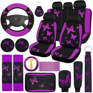 lot 6388 image: BBTO 43 Pcs Butterfly Car Seat Full Set Butterfly Car Accessories for Women 5 Front Rear Seat Covers Wrist Strap 2 Pcs Cup Mat Armrest Pad 2 Belt Xmas Cover Accessories for SUV(Purple, Black)