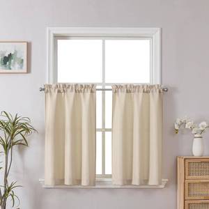 lot 6422 image: Chyhomenyc Kitchen Curtains 24 Inch Length, Light Filtering Faux Linen Textured Short Window Curtain for Bathroom Basement, Small Curtains for Cabinet Stall, Each 30x24 Inch, 2 PCS, Linen Color