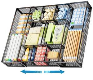 lot 6458 image: Marbrasse Expandable Desk Drawer Organizer, Mesh Drawer Organizer Tray with 10 Adjustable Compartments, Desk Organizers and Accessories, 5 Dividers Drawer for Office Supplies, Makeup & Vanity (Black)