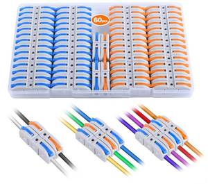 lot 6462 image: Lever Wire Connectors, HTCELLE 60-Piece Quick Connect Electrical Splicing Kit for Compact Inline Terminals - 28-12 AWG, 1 in 1 Out (Multicolored, 60)