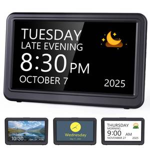lot 8343 image: Raynic Date Clock, Digital Clock with 12 Themes, 20 Alarms, 20 Reminders, Semi-Automatic Dimming, 1224 Hours, Auto DST Clock for Seniors Desktop, Office, Students (Black, 7 Inches)