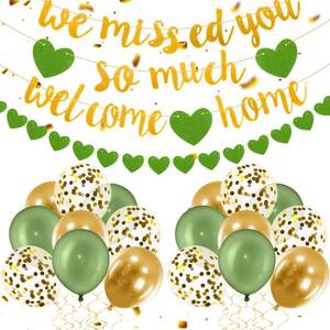 lot 8363 image: Fanfanwin Green Gold Welcome Home Decorations We Missed You So Much Banner Glitter Garland and Balloons Family Housewarming Party Supplies Military Army Welcome Back Dad Party Decor
