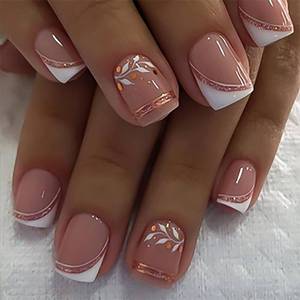 lot 8374 image: 24Pcs Short Press on Nails French Tip Square Fake Nails with Glitter White Leaf Design Glue on Nails Pink Acrylic Nails Full Cover Cute False Nails Glossy Stick on Nails for Women Nail Decor