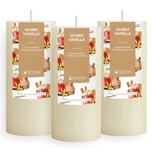 lot 11813 image: Simply Soson Warm Vanilla Scented Candle Set - 3x6 Ivory Pillar Candles for Home, Aromatherapy, Women, Fall