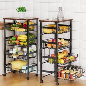 lot 11829 image: 5-Tier Rolling Utility Cart, Kitchen Storage Cart with Wheels, Large Capacity Utility Cart with Wooden Tabletop & Mesh Baskets for Kitchen, Bathroom, Laundry Room