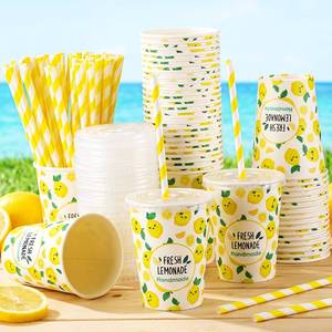 lot 11840 image: Zhehao 100 Sets 9oz Lemonade Cups with Lids and Straws Disposable Yellow Paper Cold Drink Cups for Lemonade Stand Supplies Summer Fruit Juice Coffee Party Favors
