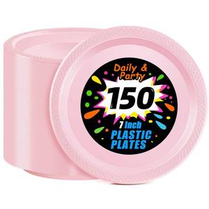lot 11841 image: WELLIFE Pink Party Plates 7 Inch -150 Count, Disposable Plastic Light Pink Dessert Plates for Valentines Day Party Cake Easter Mothers Day Baby Shower Appetizer (Used)