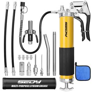 lot 11848 image: 17-Piece Heavy Duty Grease Gun Kit 14oz Grease Tube Flexible Hose Bearing Grease Pump 8000 PSI Pistol Grip Grease Guns Tool Marine Durable Connectors Adapters Extension Tubes Nozzle Easy Operation