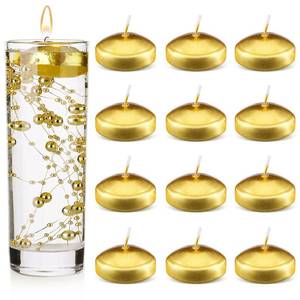 lot 12172 image: Nuanchu 12 Pieces 1. 65 Inch Floating Candles for Wedding Centerpiece, Small Unscented Floating Round Tealights Metallic Smooth Wax Disc Candles for Graduation Dinner Home Decor(Gold)