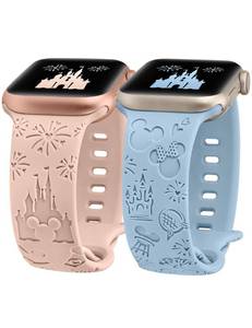 lot 12188 image: Girovo 2 Packs Cartoon Engraved Bands Compatible with Apple Watch Bands 38404142mm Women, Cute Anime Designer Soft Silicone Strap for iWatch Series 11 10 9 8 7 6 5 4 3 SEUltra 3 2 1,PinkBaby Blue