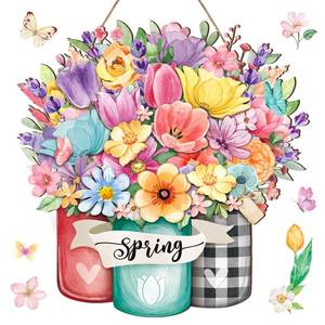lot 12206 image: Juexica Spring Flower Door Sign Spring Decoration for Home Floral Welcome Wreaths for Front Door Rustic Wood Wall Hanging Decor Home Party Outdoor Indoor Decor