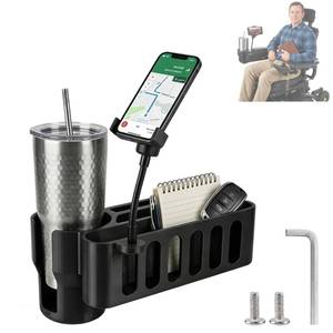 lot 12213 image: Cup Holder for Permobil Power Wheelchair,for Permobil Wheelchairs with Uni-Track Armrest Rails,3-in-1 Cup Holder,Phone Holder,Storage Basket,for M300,M3,M1,F3,F5 Etc,Easy Install,Secure Mount