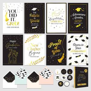 lot 12227 image: Decorably 16 Pack Gold-Foiled 4x6In College Graduation Cards 2026 with Envelopes and Stickers, 8 Elegant Designs for Her, Him, Friends and Loved Ones with Printed Message Inside - Gifting, Mailing