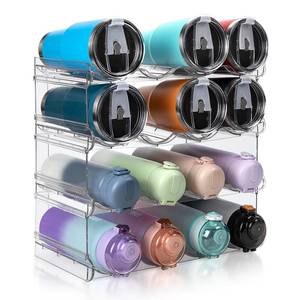 lot 13589 image: spospo Stackable Water Bottle Organizer, Large Compartment Water Bottle Holder, 4 Tier Clear Water Bottle Organizer for Cabinet, Bottle Rack for Kitchen Organization and Storage - Hold 16 Bottles