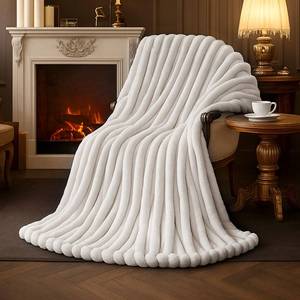 lot 13594 image: Am�lie Home Faux Fur Throw Blanket for Couch, Cozy Fuzzy Fluffy Fur Luxurious Soft Striped Plush Gift Blankets for Family Sofa Chair Bedroom, 55x70, Ivory